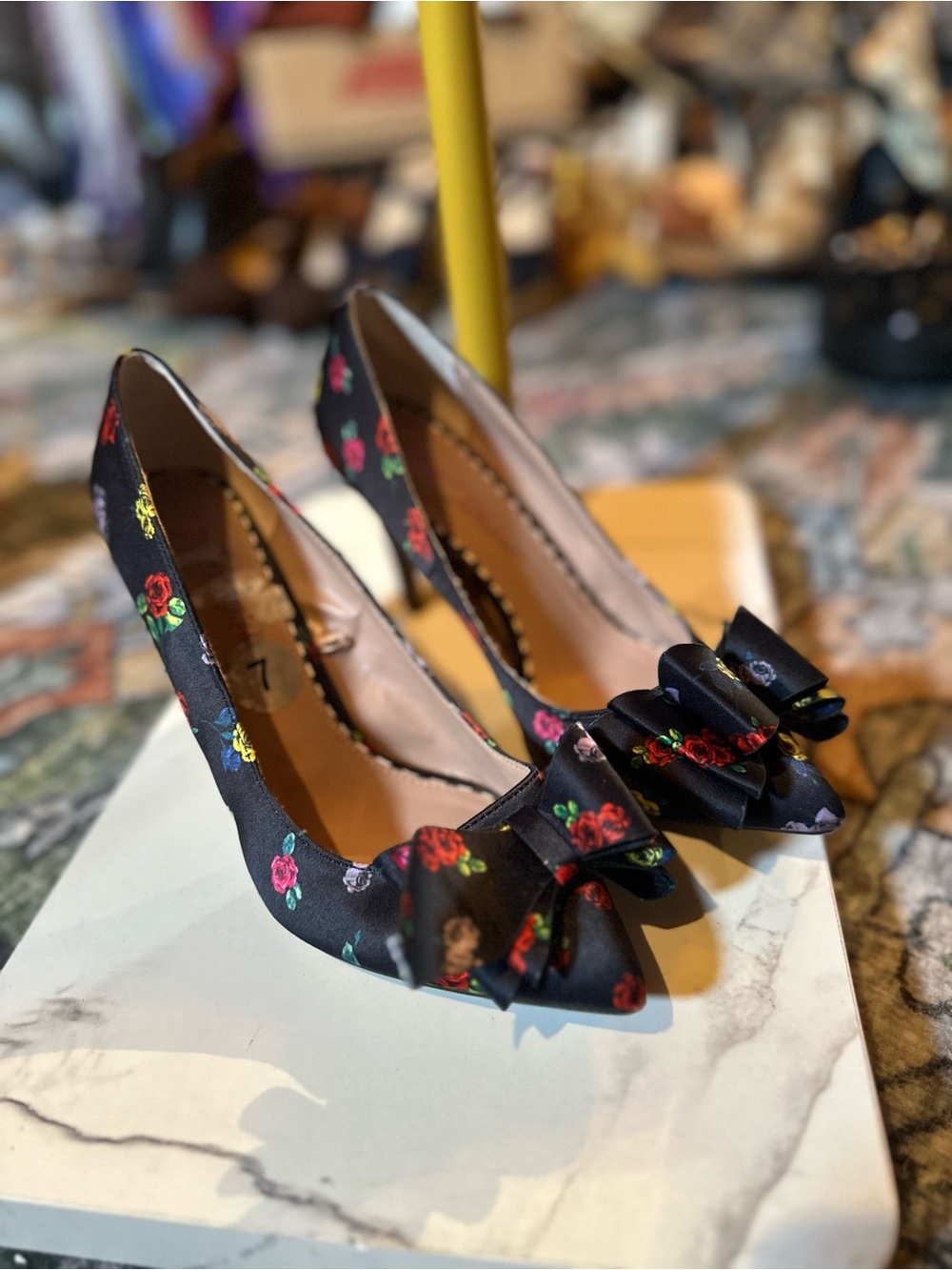 Betsey Johnson Black Floral Pointed-Toe Heels with Bow